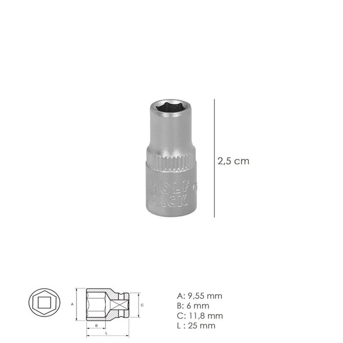 WOLFPACK LINEA PROFESIONAL Llave Vaso 1/4 Hexagonal 6 mm WOLFPACK LINEA PROFESIONAL Llave Vaso 1/4 Hexagonal 6 mm