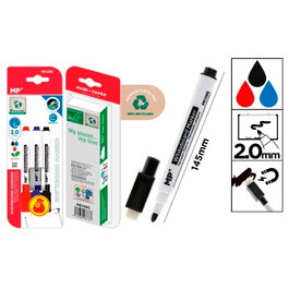 MP Marcadores para pizarra blanca con borrador, 3 unidades, colores rojo, azul y negro