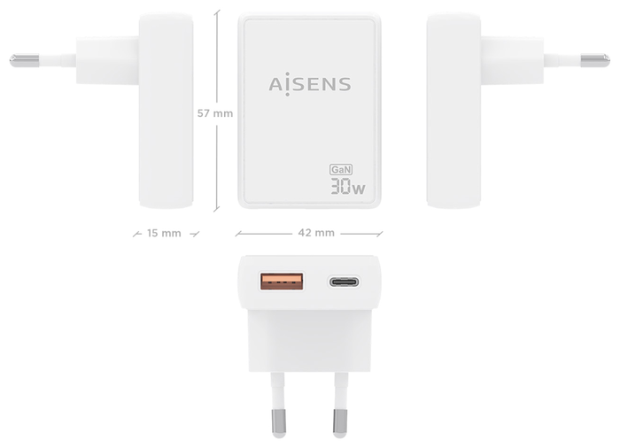 Aisens Cargador de Pared GaN Ultra Delgado 30W USB-C y USB-A Blanco Aisens Cargador de Pared GaN Ultra Delgado 30W USB-C y USB-A Blanco