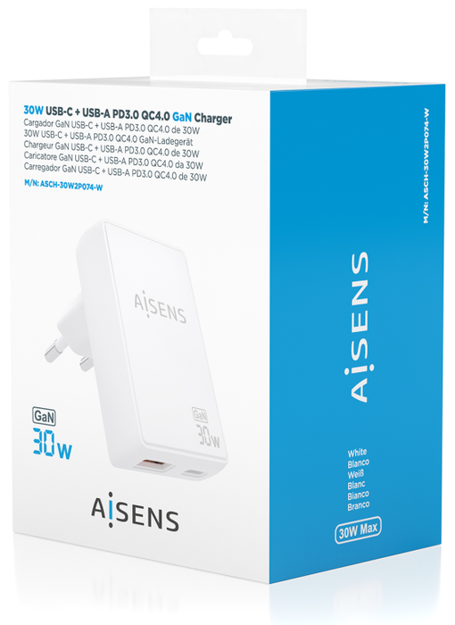 Aisens Cargador de Pared GaN Ultra Delgado 30W USB-C y USB-A Blanco Aisens Cargador de Pared GaN Ultra Delgado 30W USB-C y USB-A Blanco