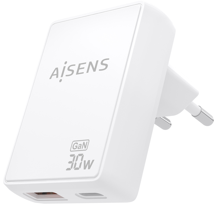 Aisens Cargador de Pared GaN Ultra Delgado 30W USB-C y USB-A Blanco Aisens Cargador de Pared GaN Ultra Delgado 30W USB-C y USB-A Blanco