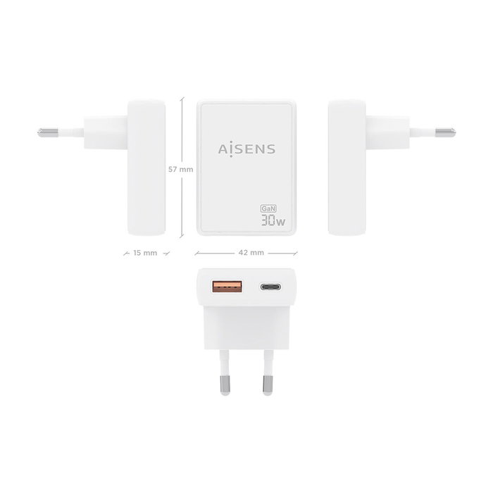 Aisens Cargador de Pared GaN Ultra Delgado 30W USB-C y USB-A Blanco Aisens Cargador de Pared GaN Ultra Delgado 30W USB-C y USB-A Blanco