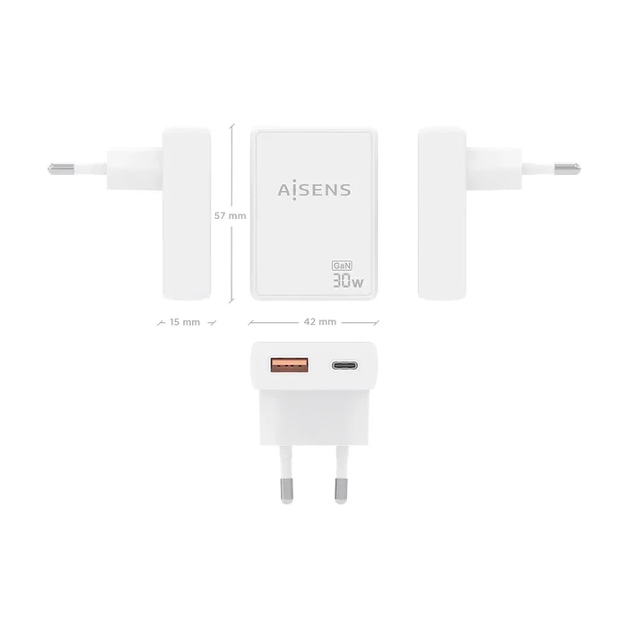 AISENS Cargador de Pared GaN 30W USB-C y USB-A Blanco ASCH-30W2P074-W AISENS Cargador de Pared GaN 30W USB-C y USB-A Blanco ASCH-30W2P074-W