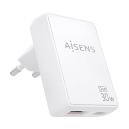 AISENS - CARGADOR DE PARED GaN ULTRA DELGADO 30W, 1xUSB-C PD3.0 QC4.0, 1xUSB-A QC3.0, BLANCO