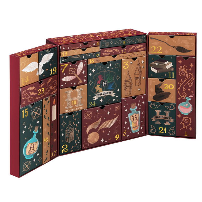 Paladone Calendario de Adviento Harry Potter Premium - 24 Puertas con 45 Golosinas, Bolígrafos, Vinilos, Juegos, Puzzles y Más - Packaging Sin Plástico