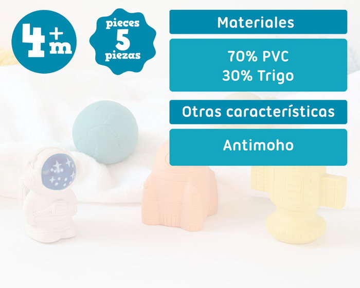 KioKids Set 5 Juguetes Espaciales Antimoho para Baño Bebé +4 Meses Ecológicos