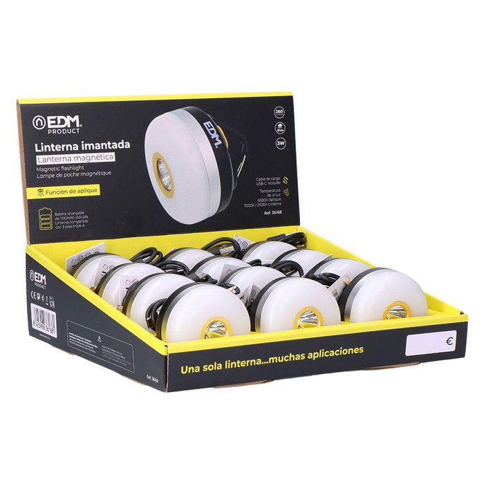 Edm Linterna Imantada LED 3W 260 Lm 3CCT 6500/7000/2900K IP44 Batería Recargable Ø 66 x 40 mm