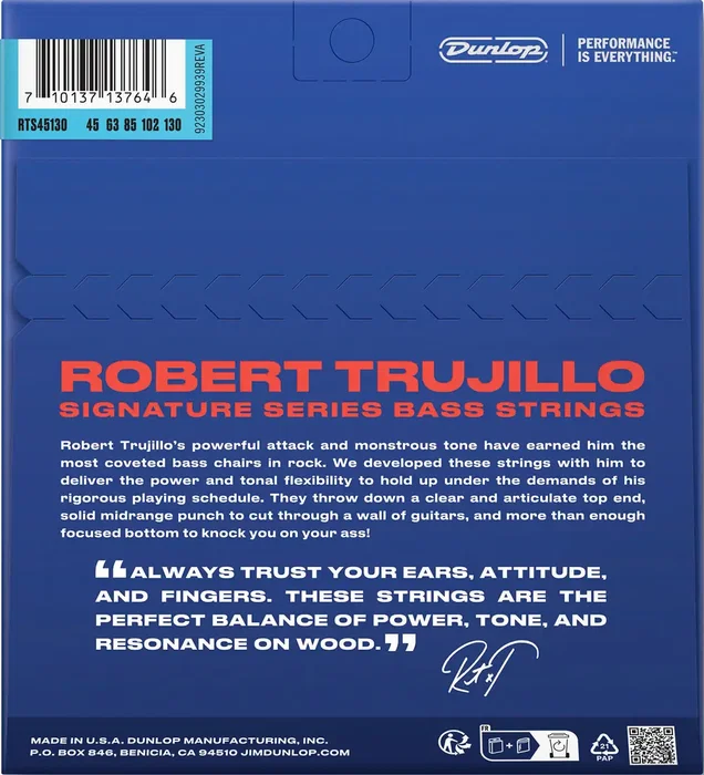 Dunlop Robert Trujillo Signature Cuerdas para Bajo Eléctrico, Juego 5 Cuerdas Calibre .045-.130 Stainless Steel, Non-Tapered, Modelo S-Steel