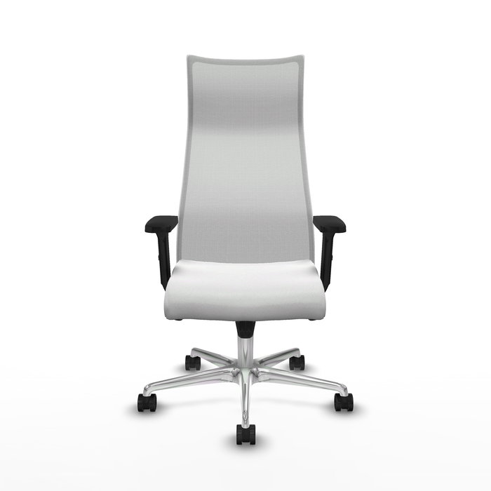 Sillón Albacete con mecanismo Sincro tapizada con Tela color Blanco. Equipado con Base aluminio, Brazos 2D y Ruedas 65mm nailon