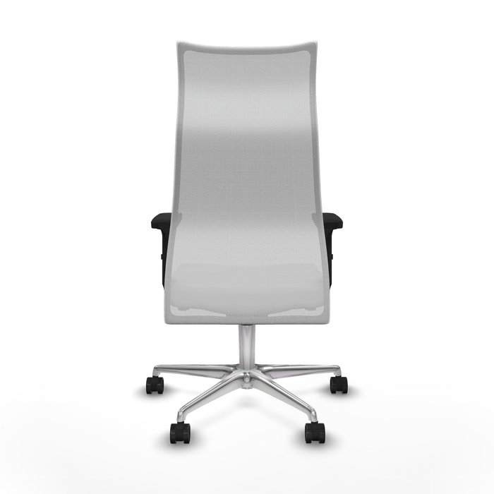 Sillón Albacete con mecanismo Sincro tapizada con Tela color Blanco. Equipado con Base aluminio, Brazos 2D y Ruedas 65mm nailon