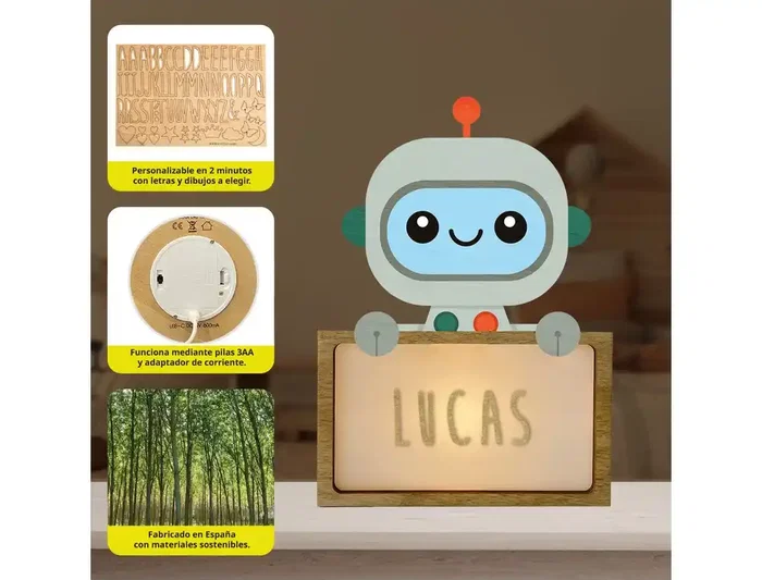Wondee Lampara Robbot Bebe Madera Personalizable con Nombre - Luz Nocturna Infantil con USB-C y Pilas, Incluye Kit Letras (170x50x125 mm)