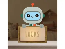Wondee Lampara Robbot Bebe Madera Personalizable con Nombre - Luz Nocturna Infantil con USB-C y Pilas, Incluye Kit Letras (170x50x125 mm)