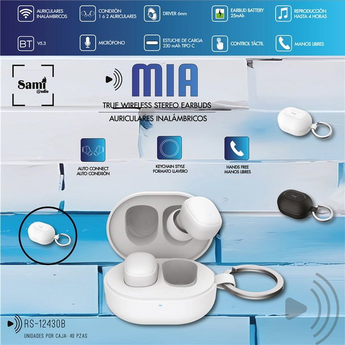 SAMI Auriculares Mia TWS Blanco Mini Llavero Carga 25mAh Batería 230mAh para auriculares