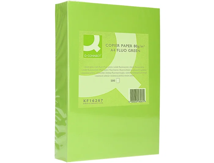 Q-connect Papel color verde neón A4 80gr 500 hojas, apto para impresoras inkjet, láser y fotocopiadoras