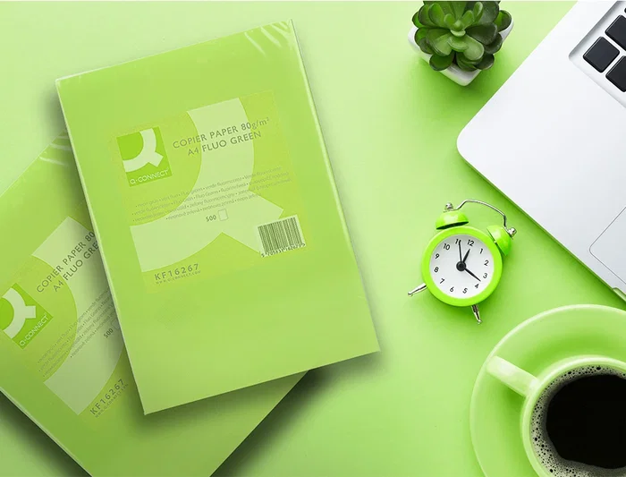 Q-connect Papel color verde neón A4 80gr 500 hojas, apto para impresoras inkjet, láser y fotocopiadoras