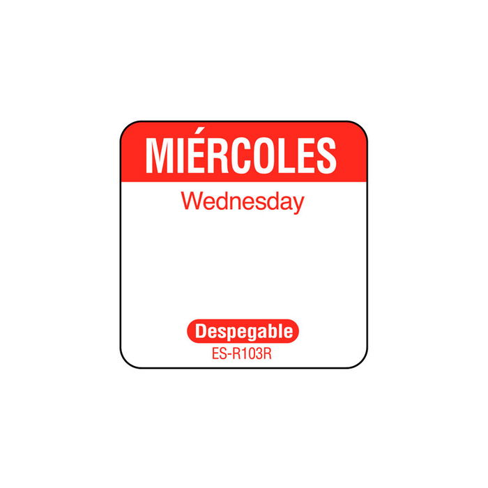 NCCO SR103R - Rollo de 1000 etiquetas despegables para rotación de inventario "MIERCOLES" - 2,5 x 2,5 cm - Blanco y rojo - Venta 1 unidad.
