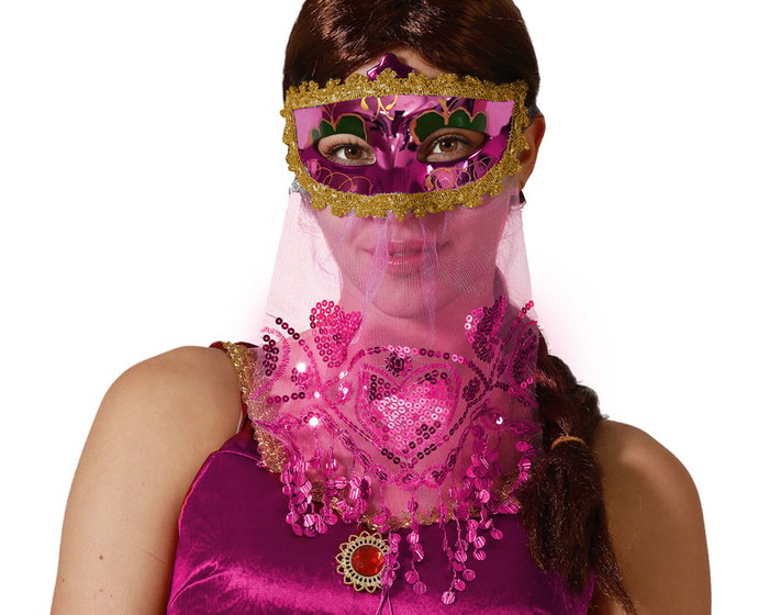 Máscara Fucsia con Velo Dorado y Lentejuelas para Disfraz Princesa Árabe, Carnaval y Fiestas de Disfraces Máscara Fucsia con Velo Dorado y Lentejuelas para Disfraz Princesa Árabe, Carnaval y Fiestas de Disfraces