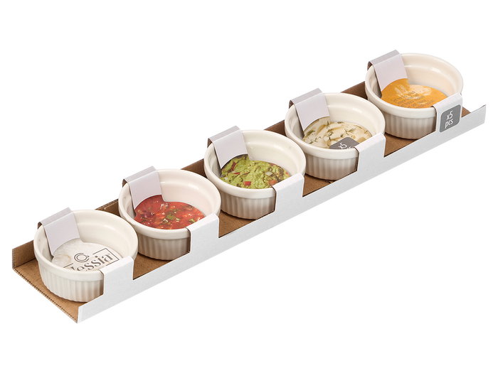Vessia Set de 5 Tarros Salseros de Cerámica (Porcelana), 100 ml, Color Blanco, Dimensiones 8.8 x 8.8 x 4.3 cm (Set de 24)