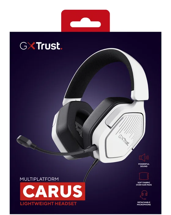 Trust GXT 492W Carus Auriculares Gaming para PC, PS, Xbox, Switch, Diadema Circumaural Blanco con Micrófono Extraíble Boom y Control de Volumen, Cable 3.5 mm