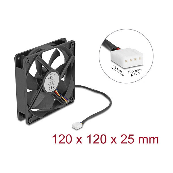 DeLOCK 67303 Ventilador de PC 120x120x25 mm 24V DC Negro, Flujo de Aire 1.73 m3/h, 2000 RPM, 35.5 dB, Rodamiento de Bolas