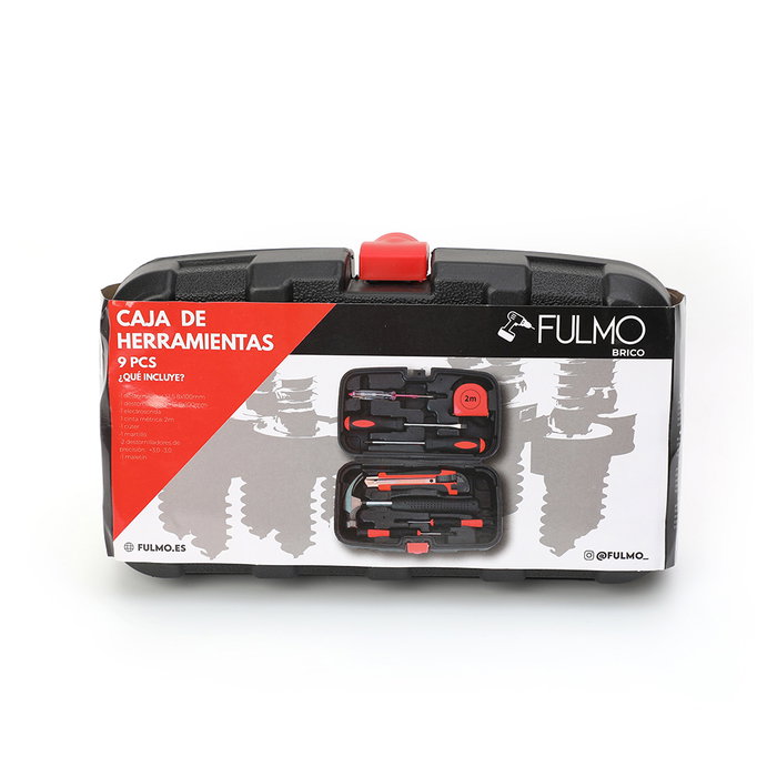 Fulmo Maletín de herramientas 9 piezas con destornilladores, buscapolos, cinta métrica, cúter y martillo