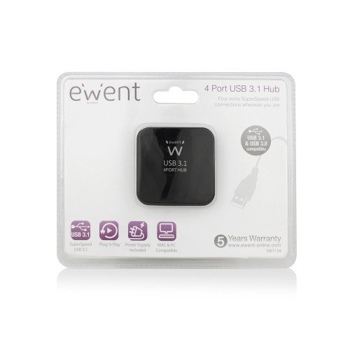 Ewent EW1134 Hub USB de 4 puertos Negro
