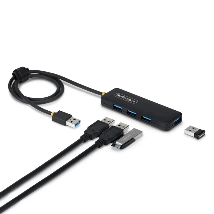 StarTech.com Hub USB 3.0 4 Puertos con Cable de 61 cm, Compacto, Alimentado por Bus, 5 Gbps, Negro, Modelo H5A4A-USB-HUB-2