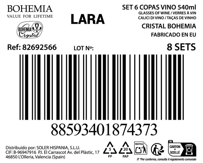 Bohemia Set de 6 copas de cristal LARA 540cc