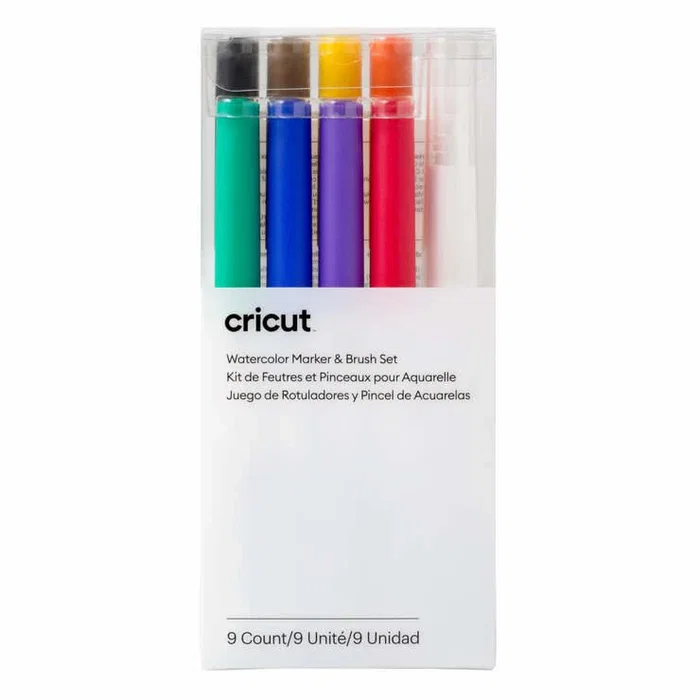 Cricut - Kit de 8 Marcadores Watercolor - Negro, Azul, Verde, Naranja, Púrpura, Rojo, Amarillo - Punta 1 mm y 4 mm - Multicolor