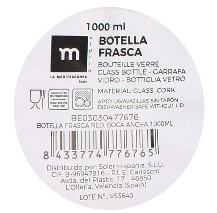 La Mediterranea Botella Frasca Redonda Boca Ancha 1000 ml (Pack de 12)