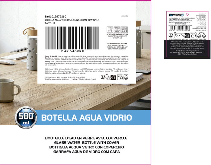 Bewinner Botella de Agua de Vidrio y Silicona 580ml