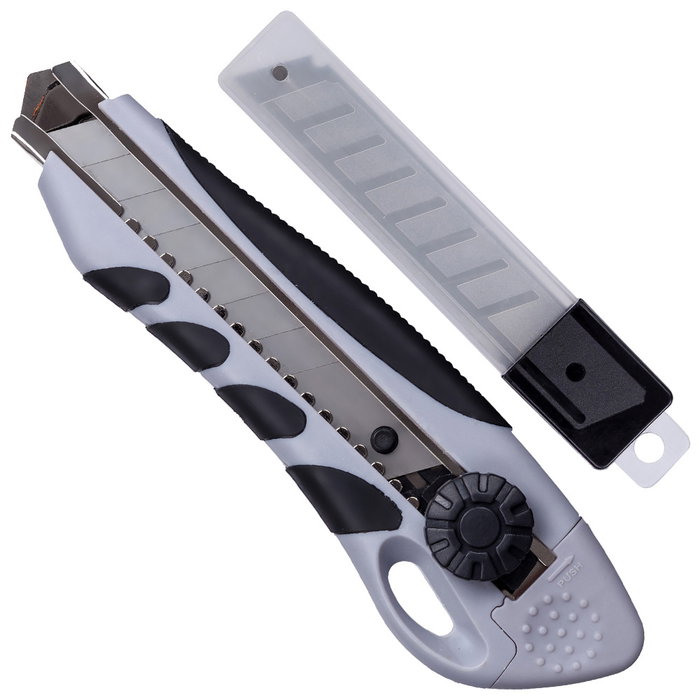 Je cherche une Idee Cutter con 3 Cuchillas Recambio, Mango Antideslizante, Colores Surtidos (Azul, Gris), 17,3 cm
