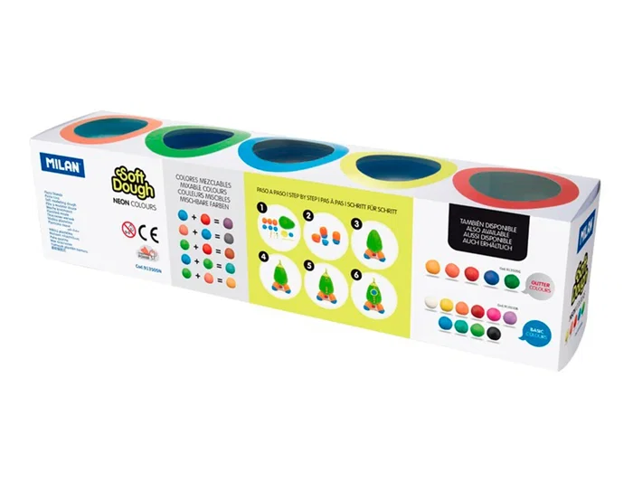 Pasta Modelar Milan Soft Dough Neon Caja De 5 (Botes De 142 Gr.)