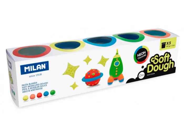 Pasta Modelar Milan Soft Dough Neon Caja De 5 (Botes De 142 Gr.)