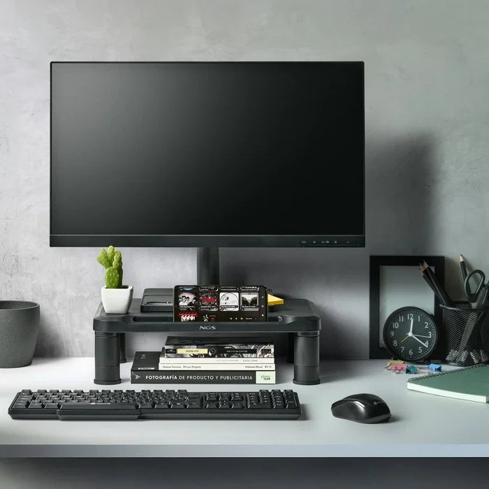NGS Soporte Ergonómico Elevador para Monitor y Portátil, Altura Ajustable y Estable para Hasta 20 kg, Negro