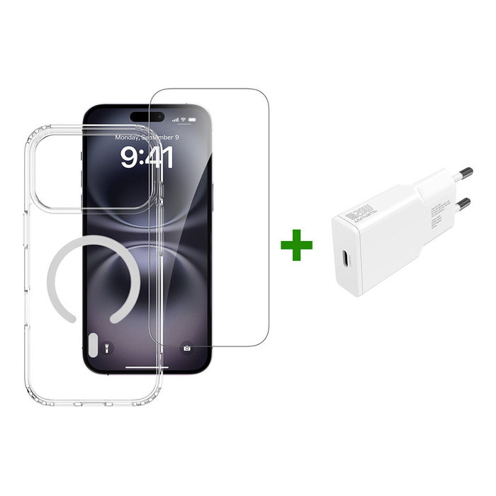 4smarts 541559 Starter Set Premium 3en1 para iPhone 17 Pro Max, Bumper Transparente Blanco Compatible con MagSafe y Cargador Inalámbrico