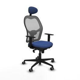 Silla de oficina Jorquera con mecanismo Sincro tapizada con Tela color Azul marino y malla color Gris. Equipada con lumbar 1D, Brazos 1D, Cabecero Fijo y Ruedas 65 mm parqué