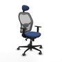 Silla de oficina Jorquera con mecanismo Sincro tapizada con Tela color Azul marino y malla color Gris. Equipada con lumbar 1D, Brazos 1D, Cabecero Fijo y Ruedas 65 mm parqué