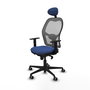 Silla de oficina Jorquera con mecanismo Sincro tapizada con Tela color Azul marino y malla color Gris. Equipada con lumbar 1D, Brazos 1D, Cabecero Fijo y Ruedas 65 mm parqué
