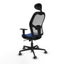 Silla de oficina Jorquera con mecanismo Sincro tapizada con Tela color Azul marino y malla color Gris. Equipada con lumbar 1D, Brazos 1D, Cabecero Fijo y Ruedas 65 mm parqué