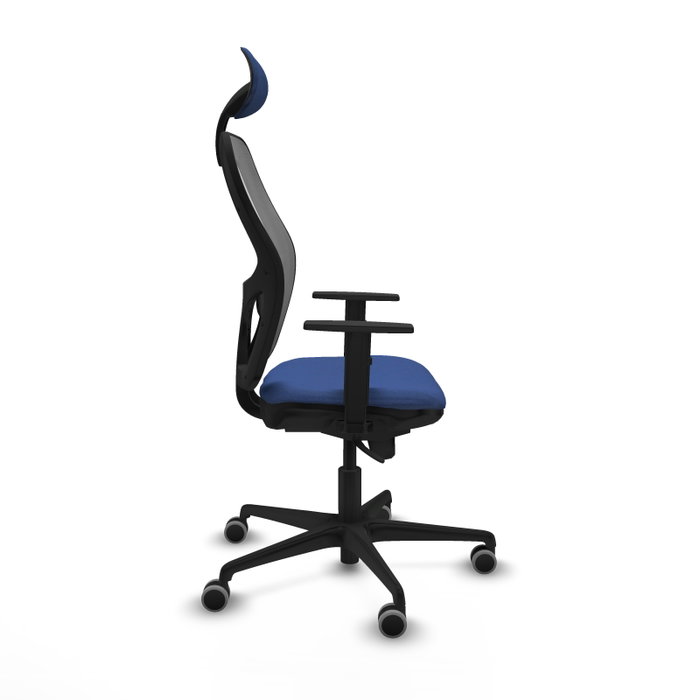 Silla de oficina Jorquera con mecanismo Sincro tapizada con Tela color Azul marino y malla color Gris. Equipada con lumbar 1D, Brazos 1D, Cabecero Fijo y Ruedas 65 mm parqué