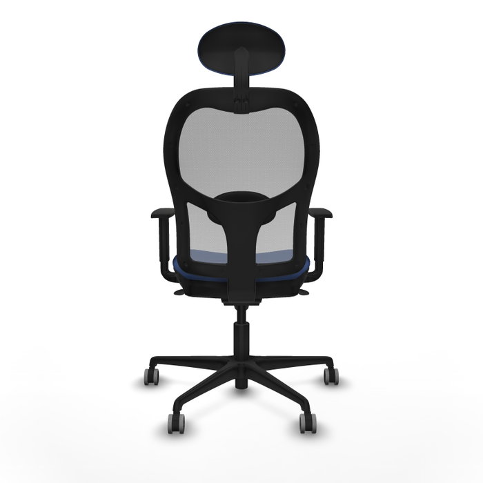 Silla de oficina Jorquera con mecanismo Sincro tapizada con Tela color Azul marino y malla color Gris. Equipada con lumbar 1D, Brazos 1D, Cabecero Fijo y Ruedas 65 mm parqué