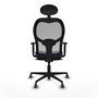 Silla de oficina Jorquera con mecanismo Sincro tapizada con Tela color Azul marino y malla color Gris. Equipada con lumbar 1D, Brazos 1D, Cabecero Fijo y Ruedas 65 mm parqué