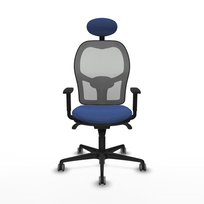 Silla de oficina Jorquera con mecanismo Sincro tapizada con Tela color Azul marino y malla color Gris. Equipada con lumbar 1D, Brazos 1D, Cabecero Fijo y Ruedas 65 mm parqué