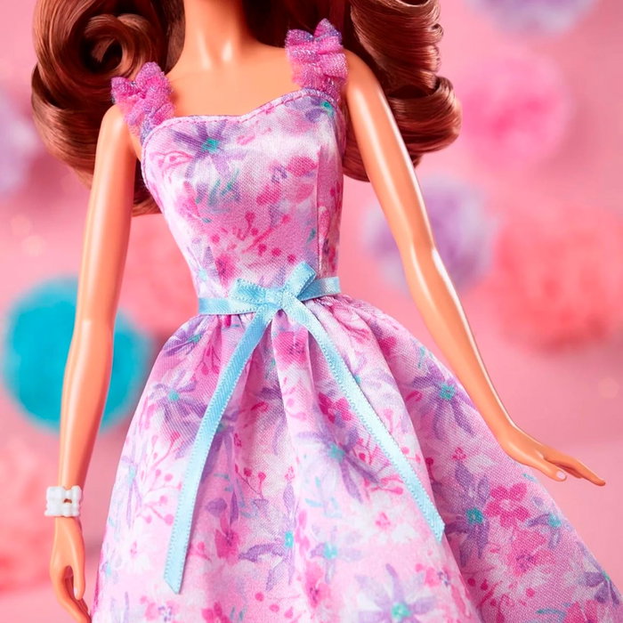 Barbie HRM54 Muñeca Deseos de Cumpleaños 2024 Morena Vestido Rosa Lila Estampado Floral Falda Tul Bordado +6 Años