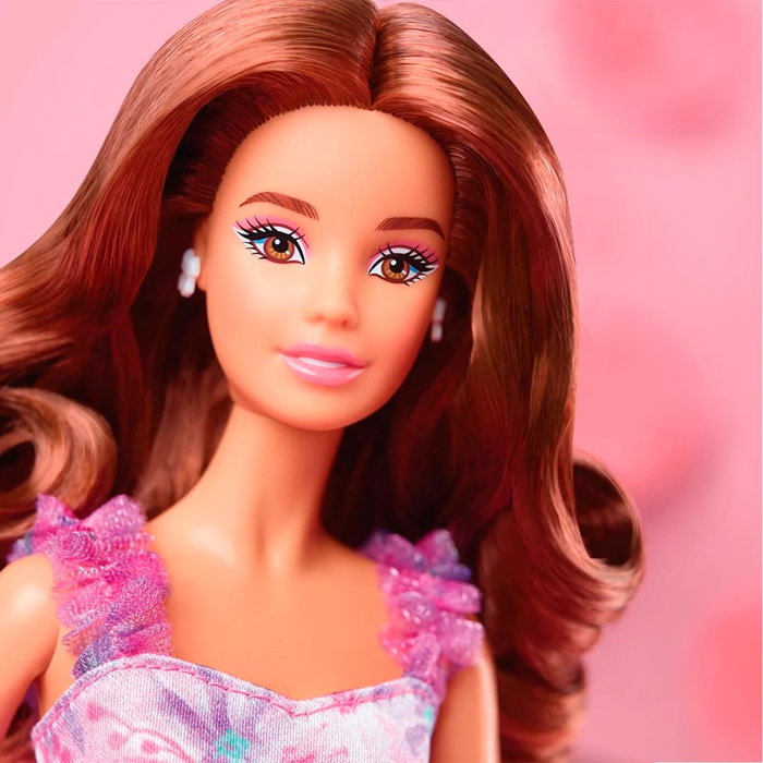 Barbie HRM54 Muñeca Deseos de Cumpleaños 2024 Morena Vestido Rosa Lila Estampado Floral Falda Tul Bordado +6 Años