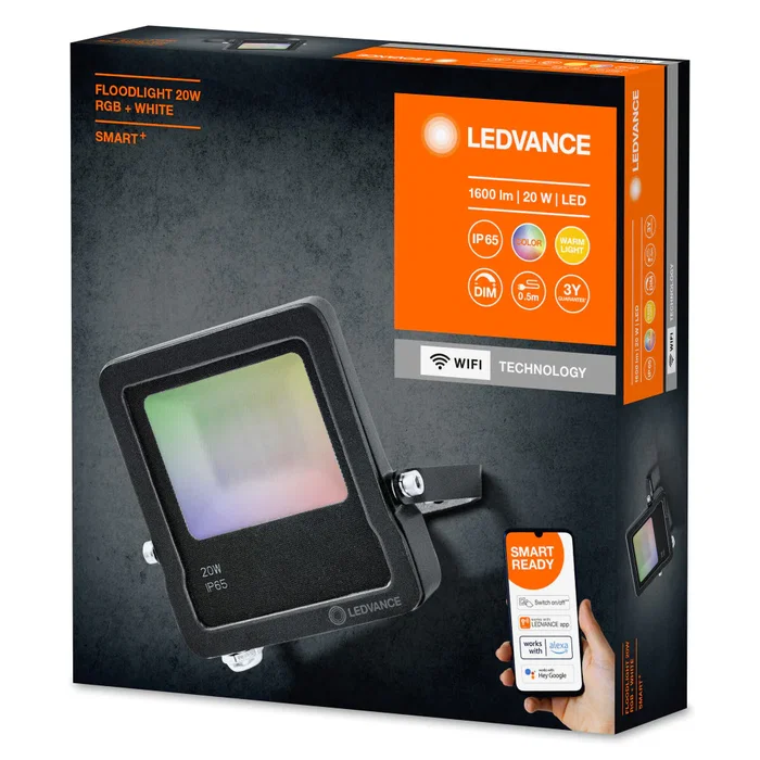 Ledvance Proyector LED Smart WiFi 20W, 1600 Lúmenes, Color RGB, IP65 para Fachadas, Control por App y Voz con Alexa y Google Assistant