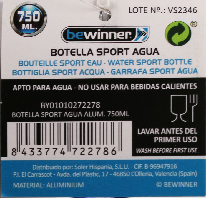 Bewinner Botella Sport Agua Aluminio 750 ml 7.5 x 24 cm (12 Unidades)