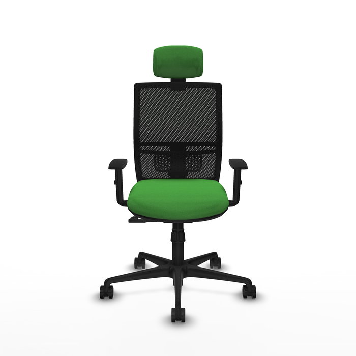 Silla de oficina Yunquera con mecanismo Sincro tapizada con Tela color Verde y malla color Negro. Equipada con lumbar 1D, Brazos 1D, Cabecero 1D y Ruedas 65mm nailon