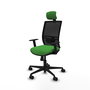 Silla de oficina Yunquera con mecanismo Sincro tapizada con Tela color Verde y malla color Negro. Equipada con lumbar 1D, Brazos 1D, Cabecero 1D y Ruedas 65mm nailon